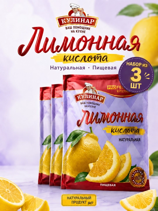 Лимонная кислота Кулинар, порошок, саше 50 г × 3 шт, набор - 