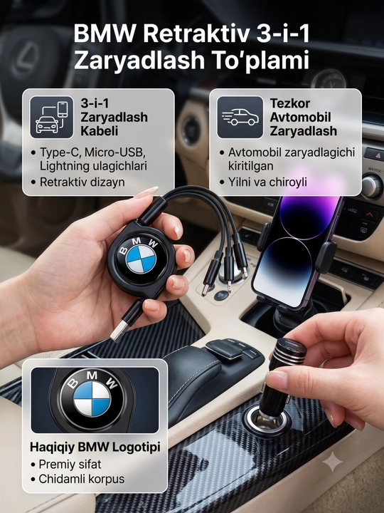 BMW 3 ta 1 da avtomobil quvvatlash to‘plami - Tez quvvatlash va ruletka kabeli