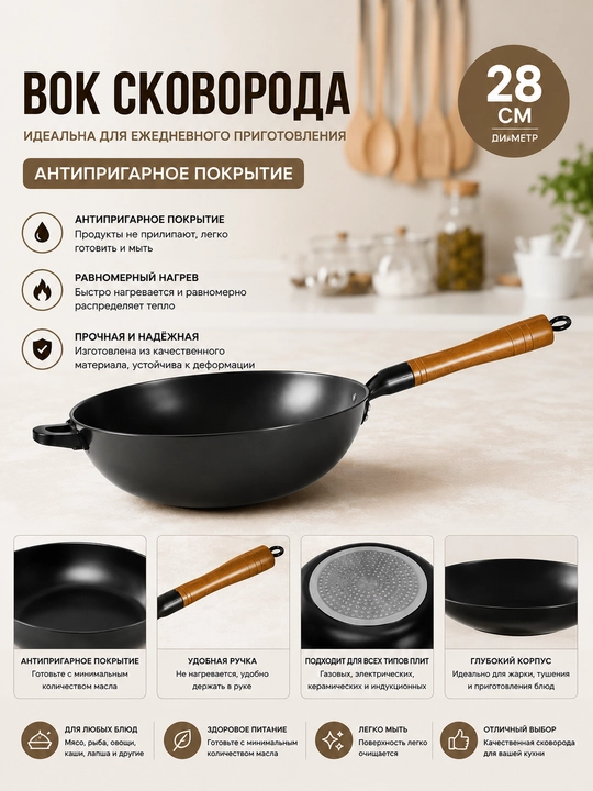Yopishmaydigan qoplamali vok, tova, 28cm - 