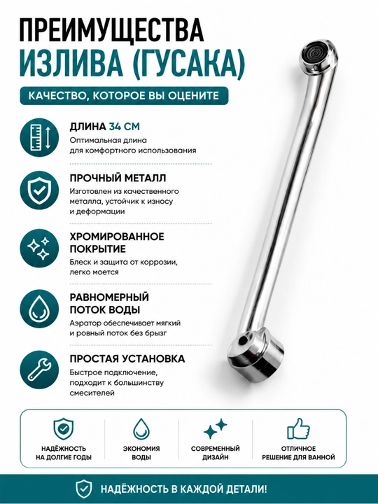 Излив (гусак) для смесителя в ванную | Прочный металл |14 см / 24 см / 34 см
