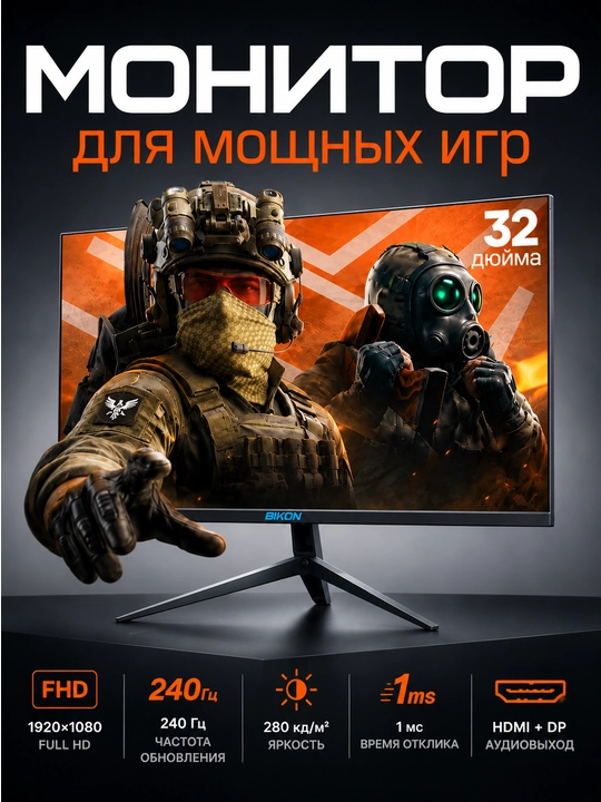 Монитор BIKON 22/24/27 120 Гц, Full HD 32 - 240 Гц, Full HD Для игр, офиса, учёбы и работы