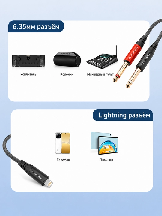 Iphone Lighting va Jack TS Ovoz kabeli musiqa eshittirish va yozish uchun 1,5m 3m 5m