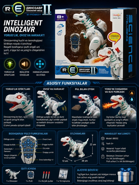 Robot dinozavr, pultda, radio orqali boshqariladigan, interaktiv - 