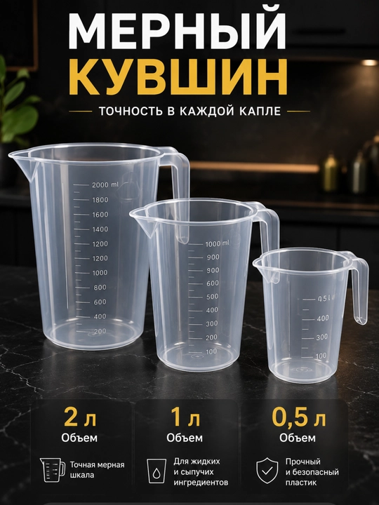 Мерный стакан пластиковый 0,5 литра 1 литр 2 литра для кухни - 