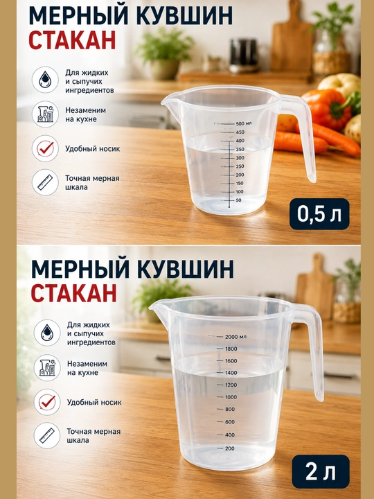 Plastik o’lchov stakani 0.5 litr 1 litr 2 litr o’lchov krujkasi oshxona uchun