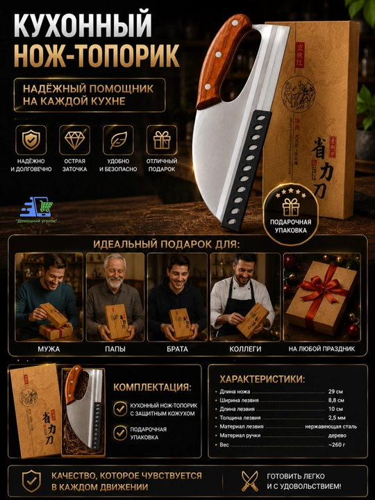 Нож-качалка кухонный 23х10 см для зелени, овощей и мяса с деревянной ручкой