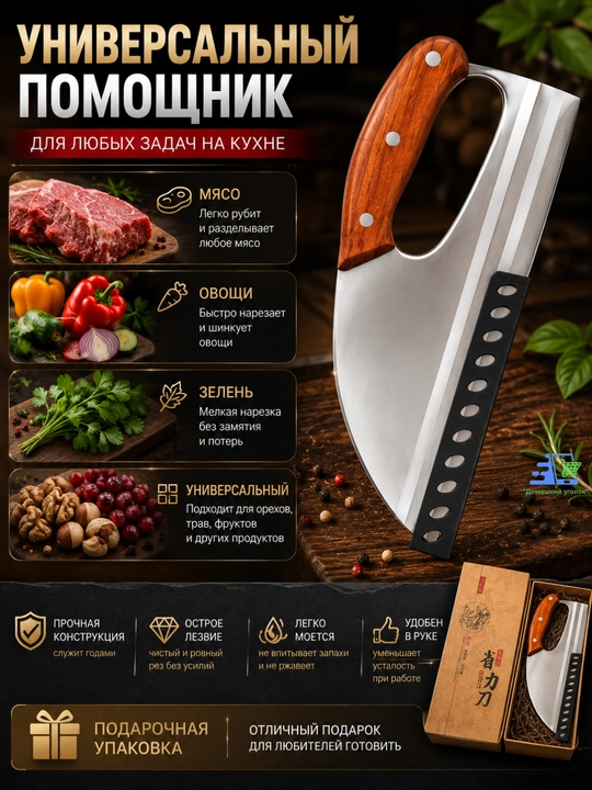 Нож-качалка кухонный 23х10 см для зелени, овощей и мяса с деревянной ручкой