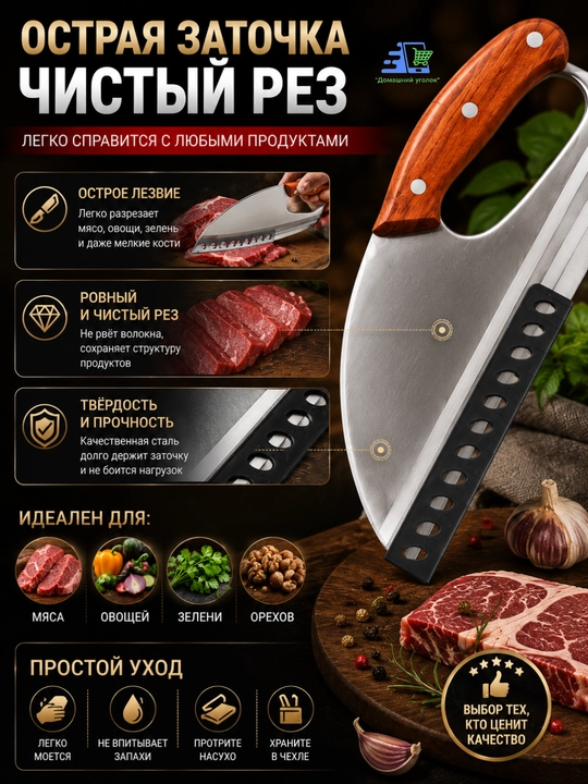 Нож-качалка кухонный 23х10 см для зелени, овощей и мяса с деревянной ручкой