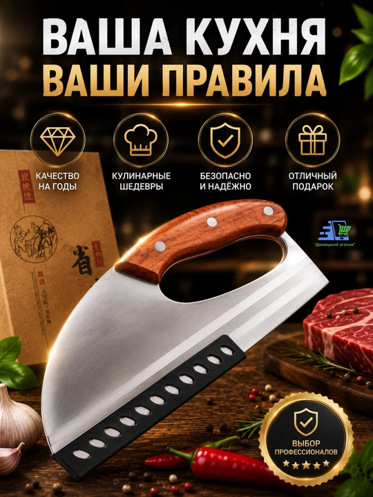 Нож-качалка кухонный 23х10 см для зелени, овощей и мяса с деревянной ручкой