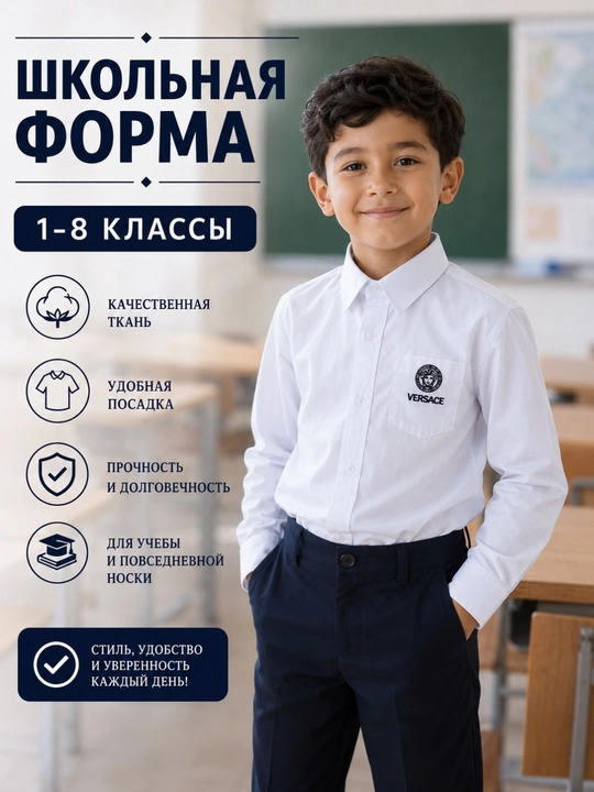 Школьная рубашка для мальчиков с длинным рукавом, белая классическая, 1–8 классы