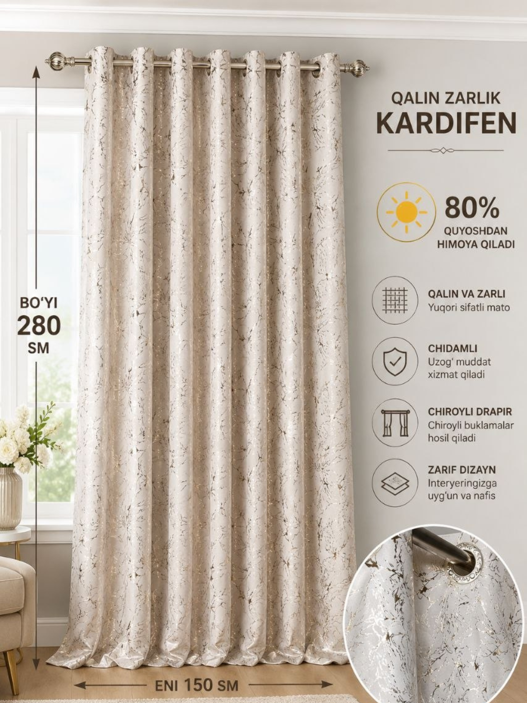 Mehmonxona va yotoqxonalar uchun 280 sm uzunlikdagi tayyor pardalar, 1 dona - 