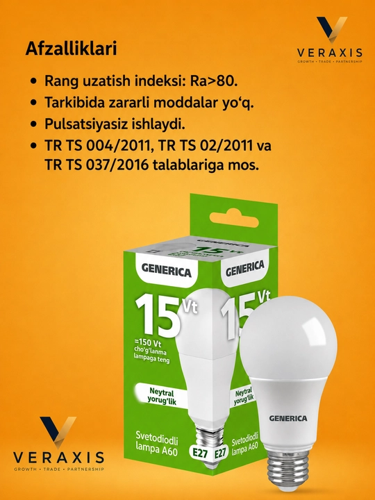 LED lampochka E27 10, 12, 15, 20W, energiya tejaydigan 6500K, A+ lampa, A60