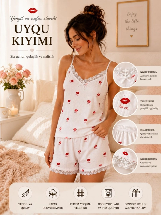 Ayollar uchun yozgi pijama shortikli, yumshoq to‘plam