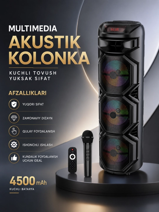 Ko‘p funksiyali Bluetooth karaoke kolonkasi RGB LED, simsiz mikrofon va pult bilan - 