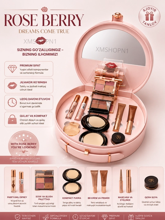 Rose Berry Premium Makeup Kit 20 in 1 - makiyaj uchun kosmetik to‘plam, ko‘zguli qutida - 