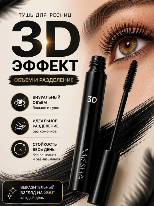 Тушь для ресниц MISSHA 3D Effect, силиконовая щеточка, объем и разделение, черная - 