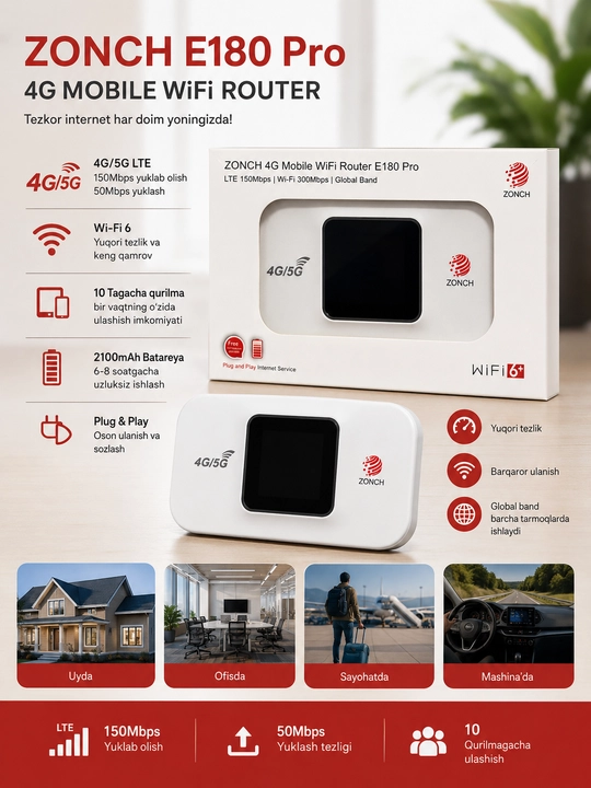 ZONCH E180 Pro – SIM-karta orqali ishlaydigan portativ 4G LTE Wi-Fi router - 