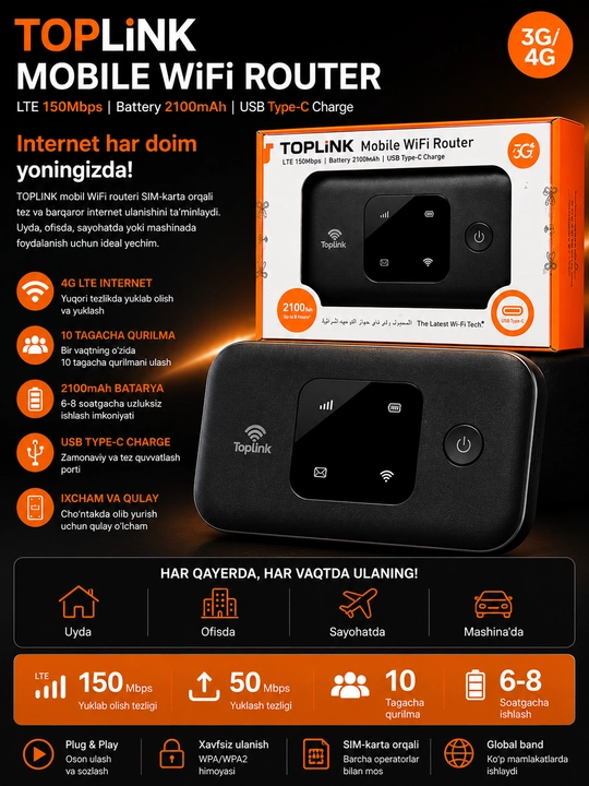 ZONCH E180 Pro – SIM-karta orqali ishlaydigan portativ 4G LTE Wi-Fi router - 