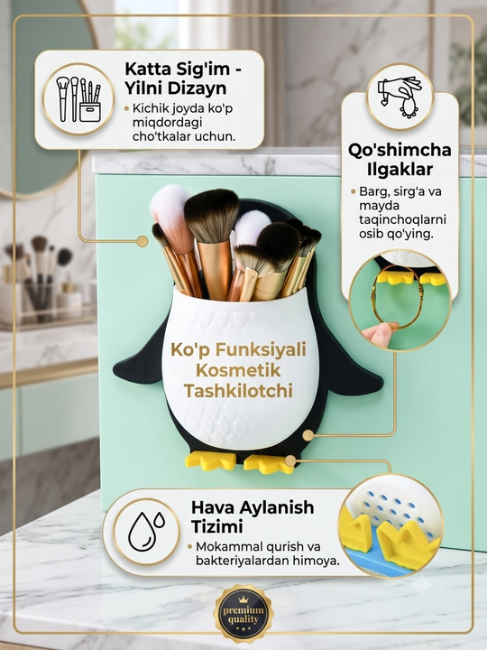 Ko'p Funksiyali Kosmetik Tashkilotchi - Pingvin Dizaynli Devor Organayzeri - 