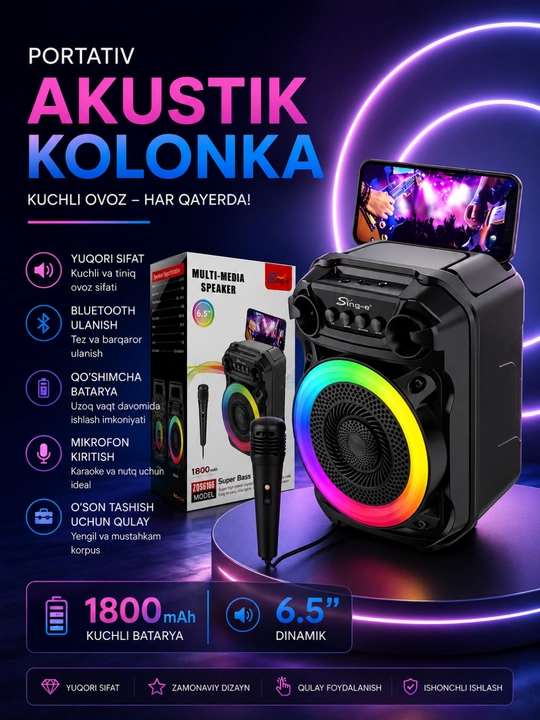 Ko'p funksiyali portativ kolonka – Kuchli ovoz, zamonaviy dizayn va qulay foydalanish - 