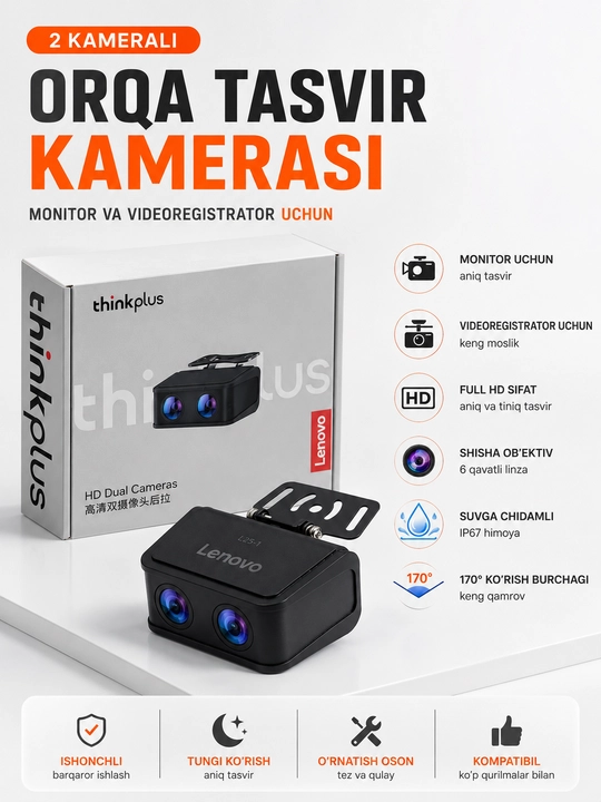 Lenovo Thinkplus avtomobil uchun ikkitali orqa kamera, ANDROID monitor va videoregistrator - 