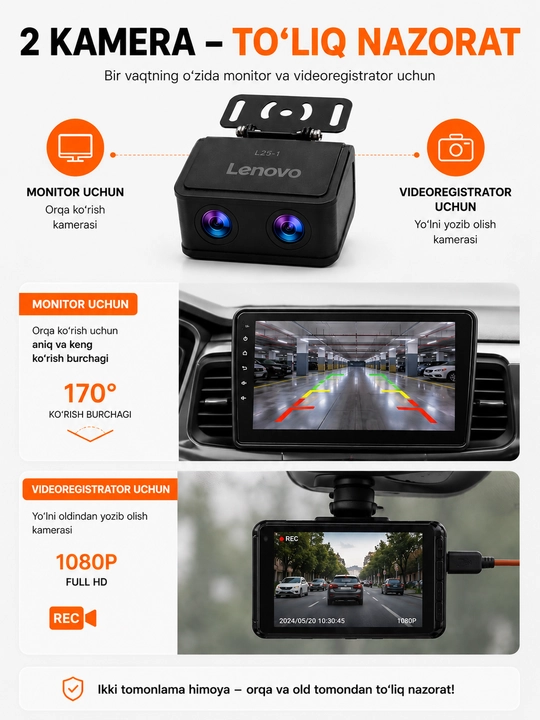Lenovo Thinkplus avtomobil uchun ikkitali orqa kamera, ANDROID monitor va videoregistrator