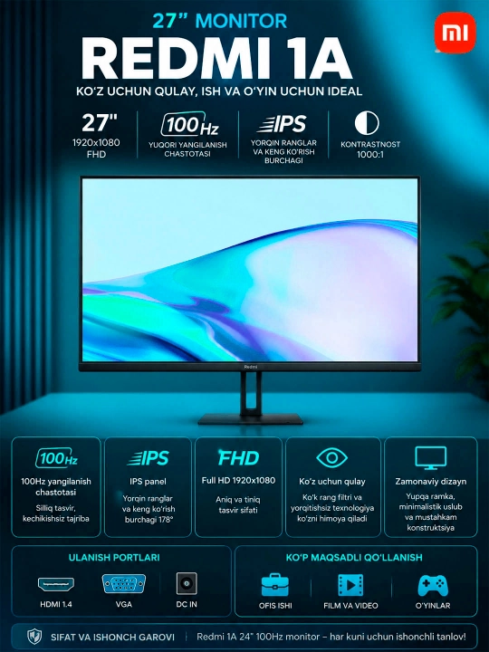 Monitor Redmi 1A,  27",24", IPS, FHD , 100Hz, office, o`qish, Ish uchun - 