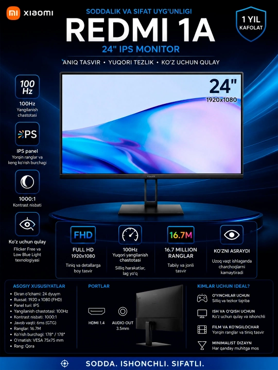 Monitor Redmi 1A,  27",24", IPS, FHD , 100Hz, office, o`qish, Ish uchun