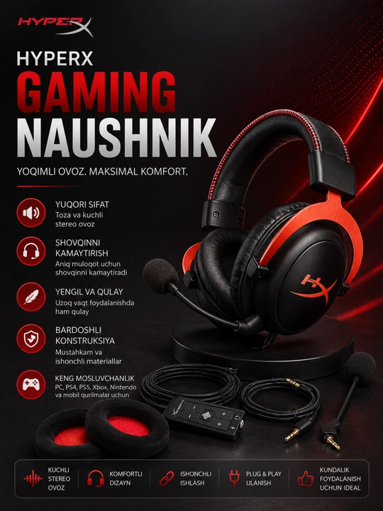 Hyperx cloud ii gaming naushniki mikrofonli stereo kompyuter va konsol uchun - 