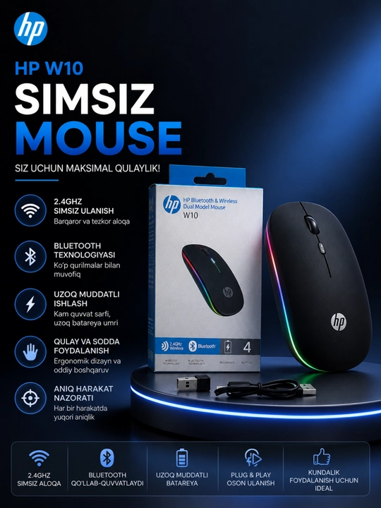 HP W10 Simsiz Sichqoncha, Bluetooth 5.1 va 2.4GHz Dual Mode, Type-C Qayta Zaryadlanuvchi - 