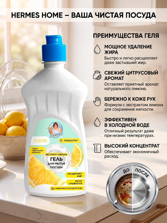 CR0040524 Hermes Industry: HOME Гель для мытья посуды Лимон 900 мл - 