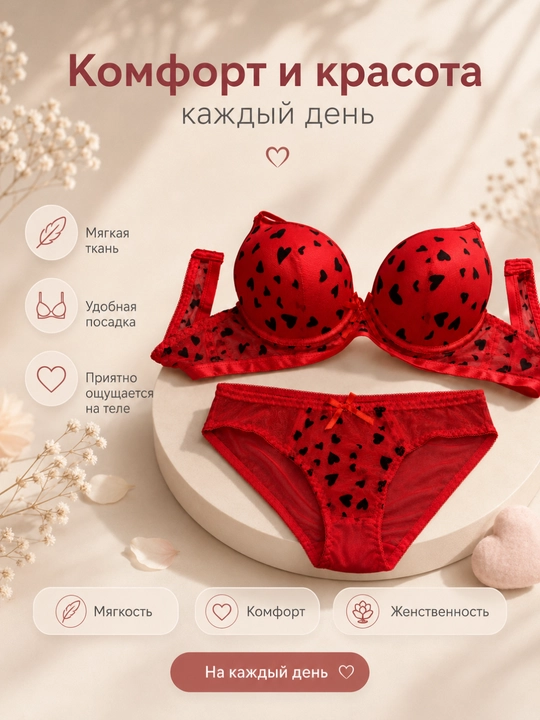 Ayollar ichki kiyim to‘plami, yurakchali printli, byustgalter va trusik
