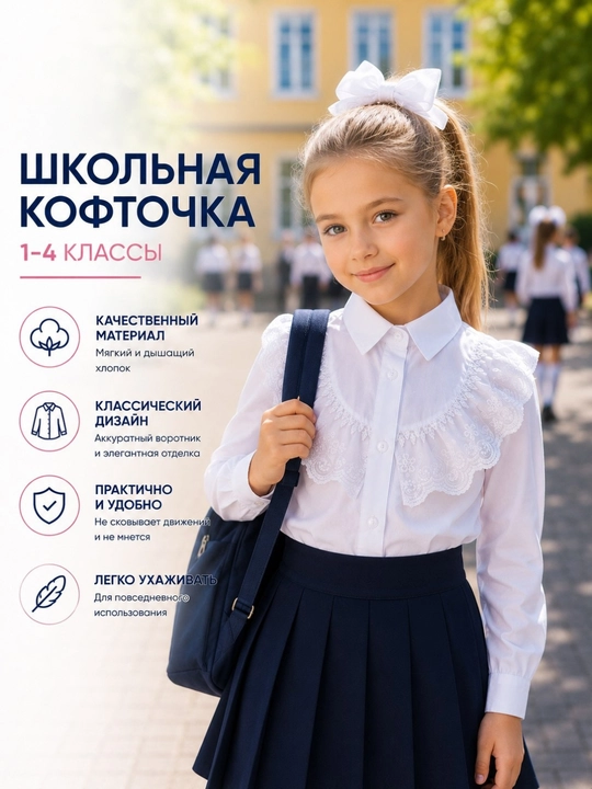 Школьная блузка для девочек, 1–4 классы, белая школьная кофта для девочки - 