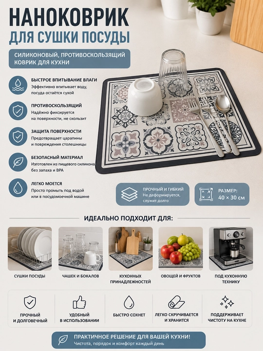 Nano gilamcha idishlarni quritish uchun silikonli, sirpanishga qarshi oshxona uchun gilamcha - 