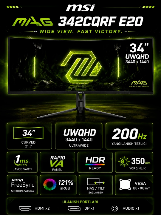 Игровой монитор MSI MAG 342CQRF E20 34" Дюймов Curved 200Hz Gaming Monitor - 