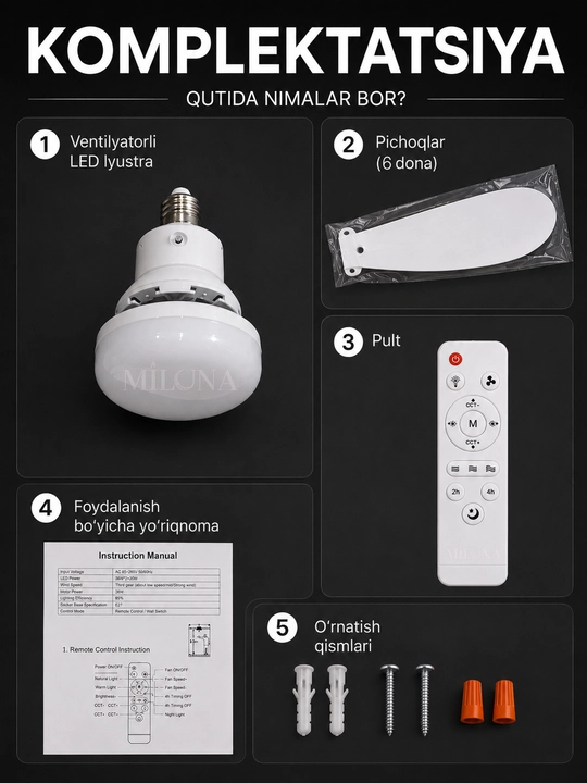 Люстра с вентилятором LED, с пультом, 3 режима освещения, 4 режима вращения, для всех комнат