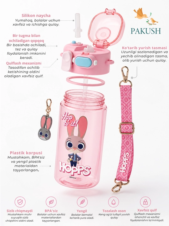 Детская бутылка для воды, 570 мл, Tritan BPA FREE, с силиконовой трубочкой, с распылителем