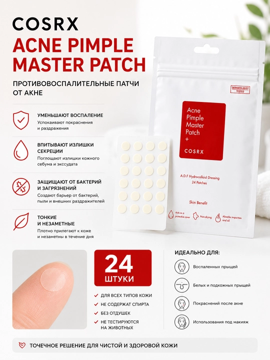 COSRX Acne Pimple Master Patch 24 dona — husnbuzarlarga qarshi gidrokolloid patch