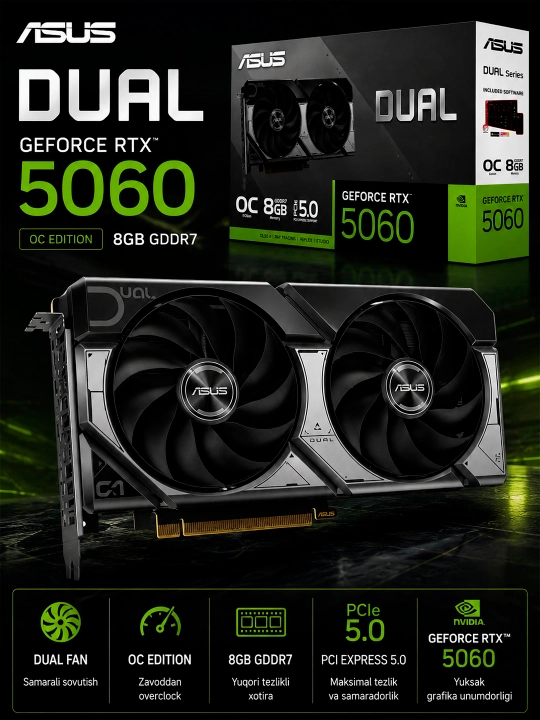 O'yin uchun kuchli Videokarta Asus RTX5060  8GB Dual OC , GDDR7 DLSS 4 Ray Tracing - 