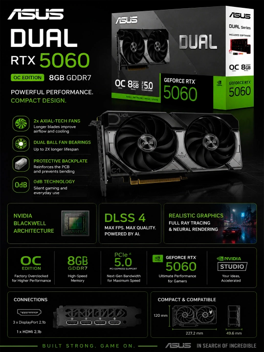 O'yin uchun kuchli Videokarta Asus RTX5060  8GB Dual OC , GDDR7 DLSS 4 Ray Tracing