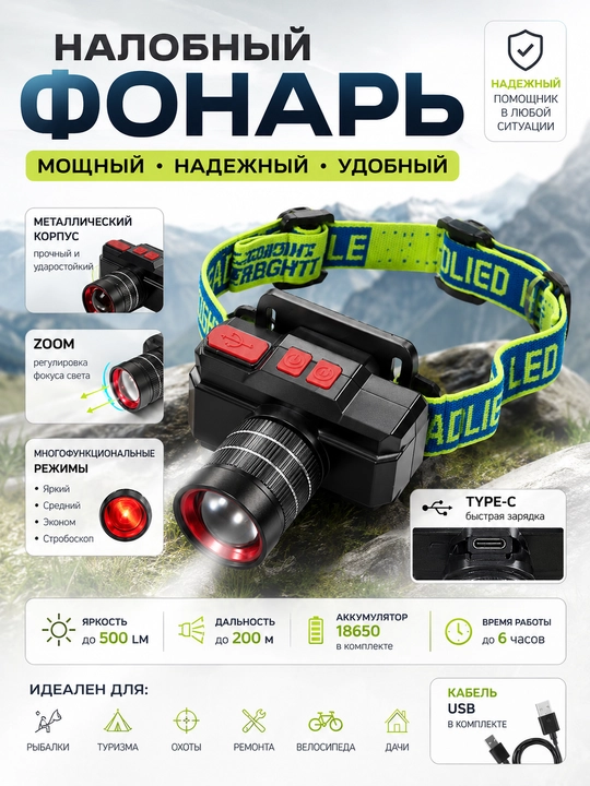 Налобный светодиодный фонарь с зумом, аккумулятором 18650 и зарядкой Type-C - 