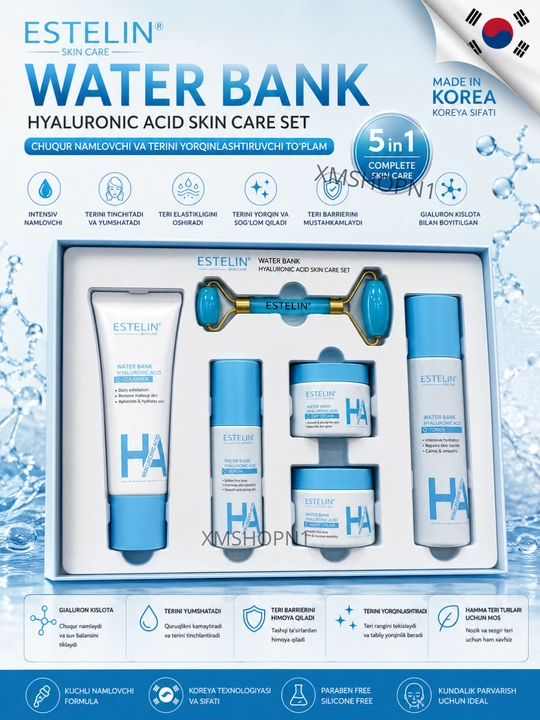 ESTELIN Water Bank Hyaluronic 5 tasi 1 da, chuqur namlovchi, oqartiruvchi, teri parvarish nabori - 