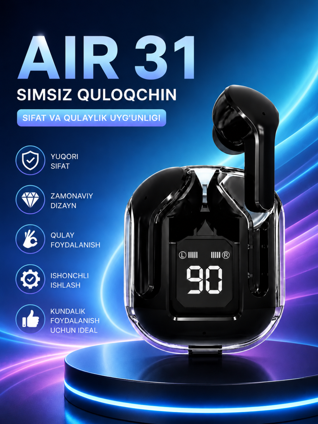 AIBT TWS Bluetooth 5.3 Simsiz Naushnik, LED Displeyli Type-C Zaryadlash Qutisi - 