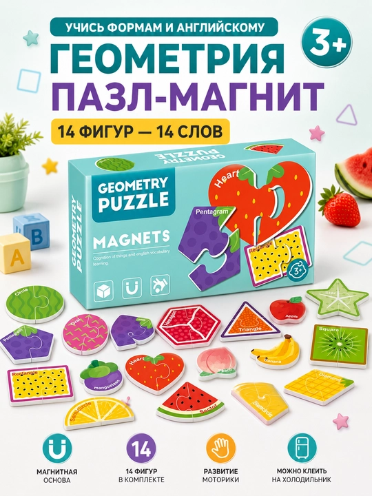 Магнитные пазлы для детей 3+, Обучающий набор Магниты на холодильник - 