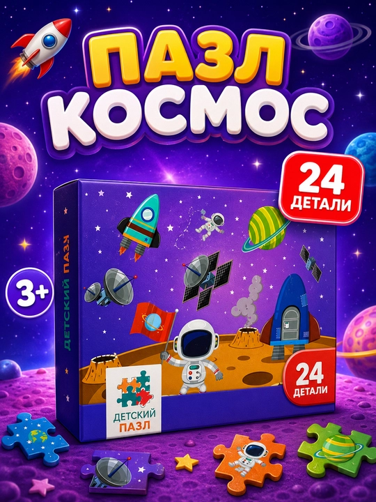 Bolalar pazli Kosmos 24 bo'lak, rivojlantiruvchi, 4 tur, 3 yoshdan bolalar uchun - 