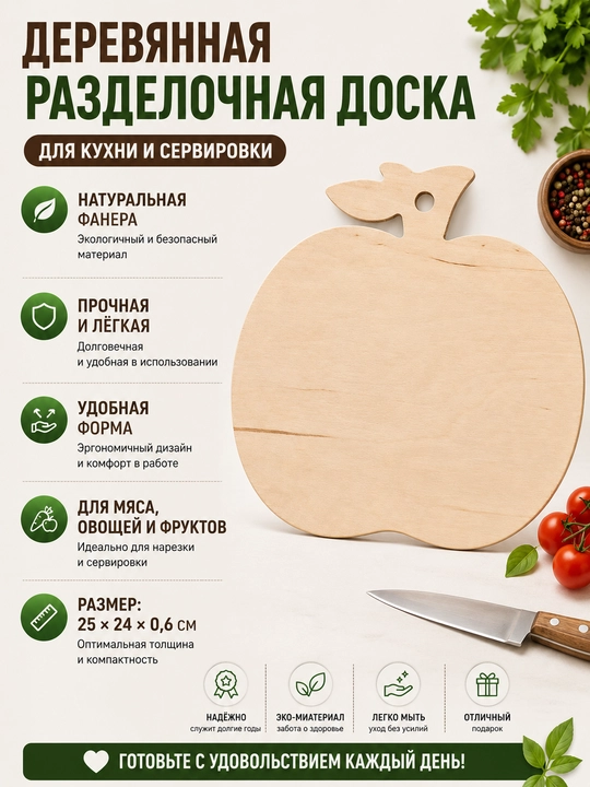 Разделочная доска деревянная, кухонная доска для нарезки и сервировки - 