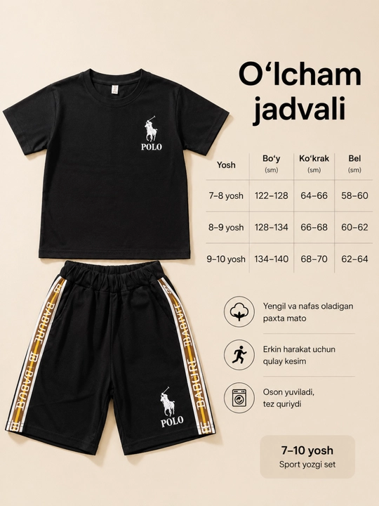 Bolalar sport to'plami, 7-10 yosh, futbolka va shortik to‘plami, yozgi to'plam, qora rang
