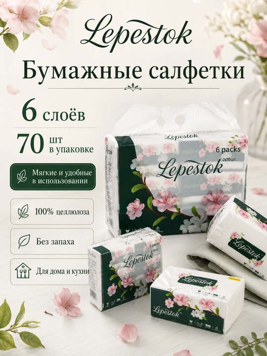 Qo‘l va yuz uchun Lepestok Qog‘oz salfetka, 6 qatlam, 70 dona - 