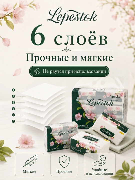 Qo‘l va yuz uchun Lepestok Qog‘oz salfetka, 6 qatlam, 70 dona