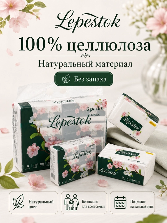 Qo‘l va yuz uchun Lepestok Qog‘oz salfetka, 6 qatlam, 70 dona